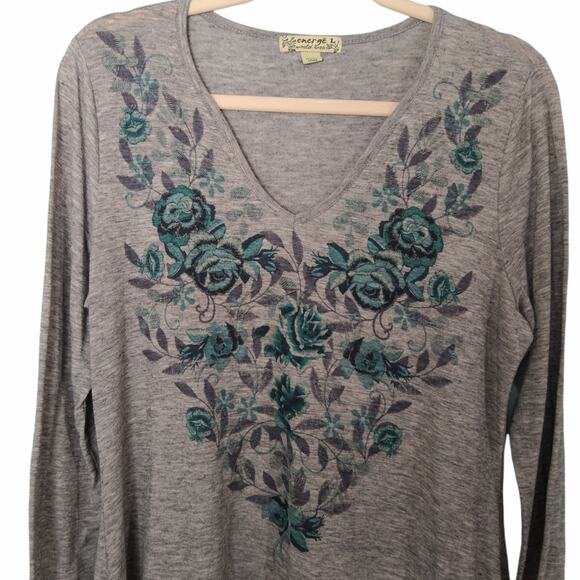 ENERGE WORLD WEAR Womens L Gray Tunic Top V-Neck 3/4 Sleeve Floral Print Stretch - Picture 3 of 5
